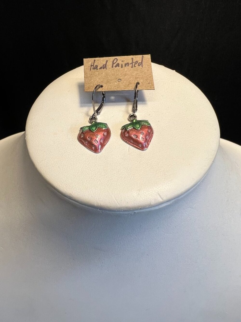 Strawberry Earrings, Hand Painted, Silvertone, Leverback